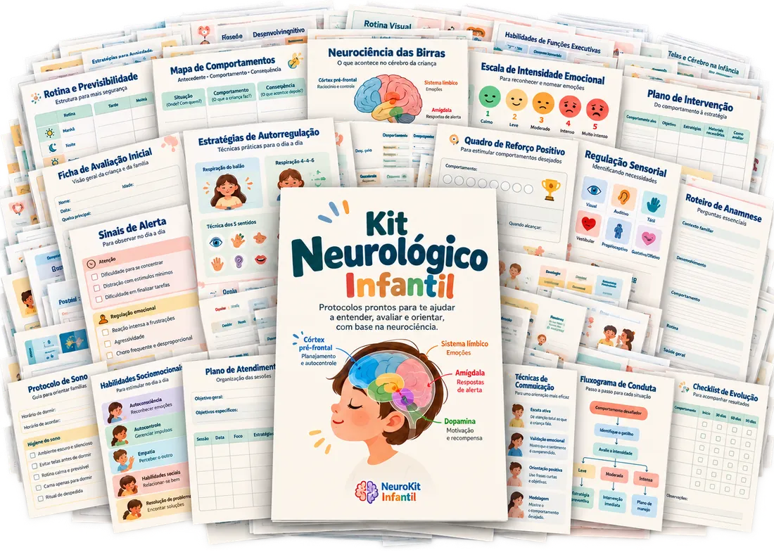 Fichas do NeuroKit Infantil organizadas em leque, mostrando os diferentes temas do material